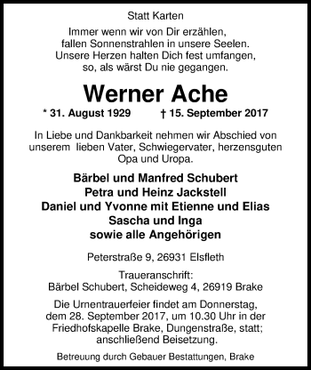 Traueranzeige von Werner Ache von Nordwest-Zeitung