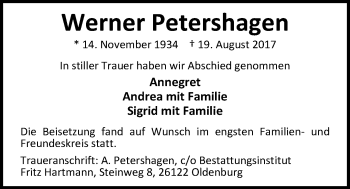 Traueranzeige von Werner Petershagen von Nordwest-Zeitung
