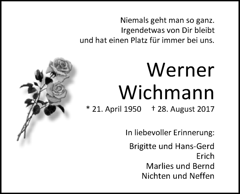  Traueranzeige für Werner Wichmann vom 02.09.2017 aus Nordwest-Zeitung