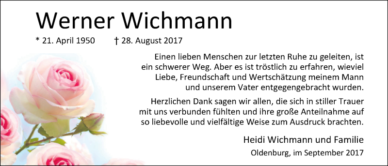  Traueranzeige für Werner Wichmann vom 30.09.2017 aus Nordwest-Zeitung