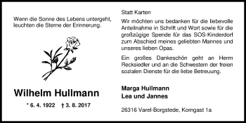Traueranzeige von Wilhelm Hullmann von Nordwest-Zeitung