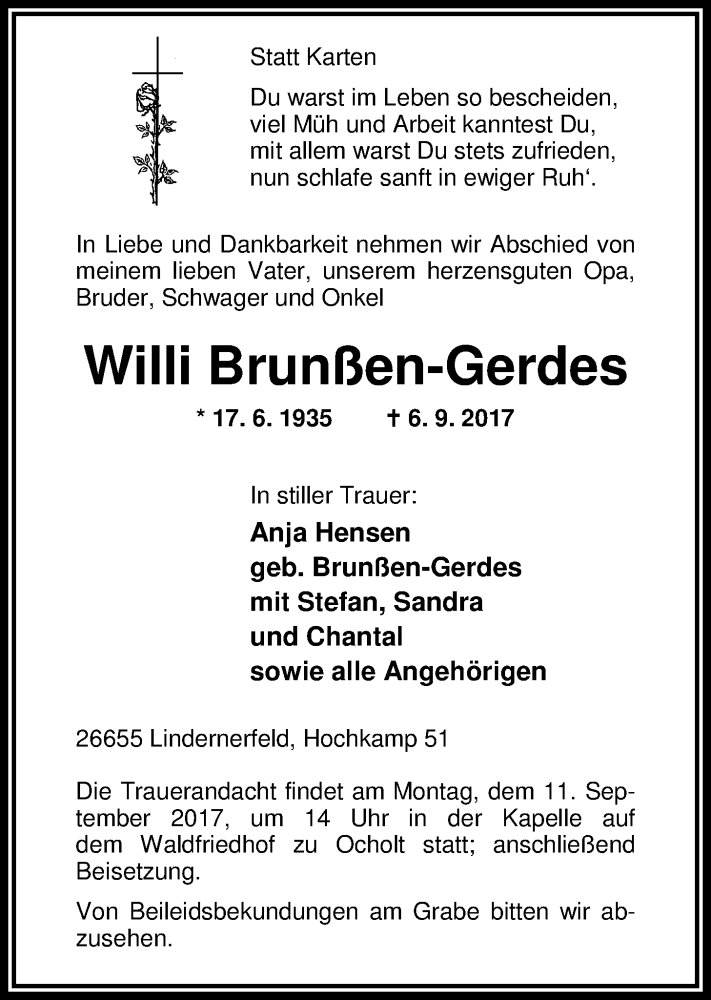  Traueranzeige für Willi Brunßen-Gerdes vom 07.09.2017 aus Nordwest-Zeitung
