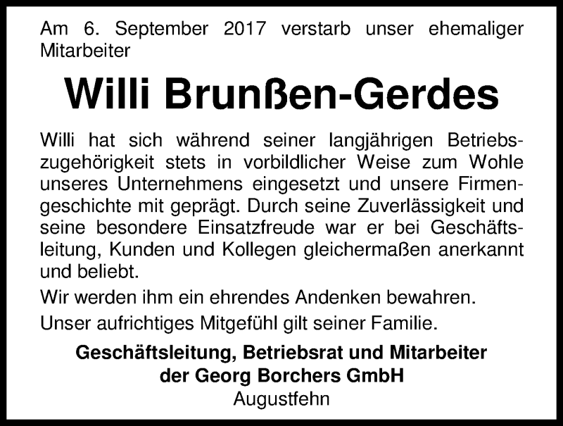  Traueranzeige für Willi Brunßen-Gerdes vom 08.09.2017 aus Nordwest-Zeitung