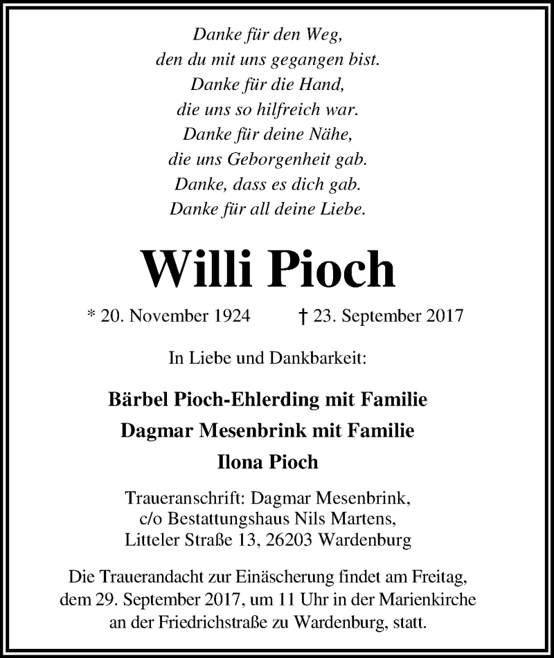  Traueranzeige für Willi Pioch vom 27.09.2017 aus Nordwest-Zeitung