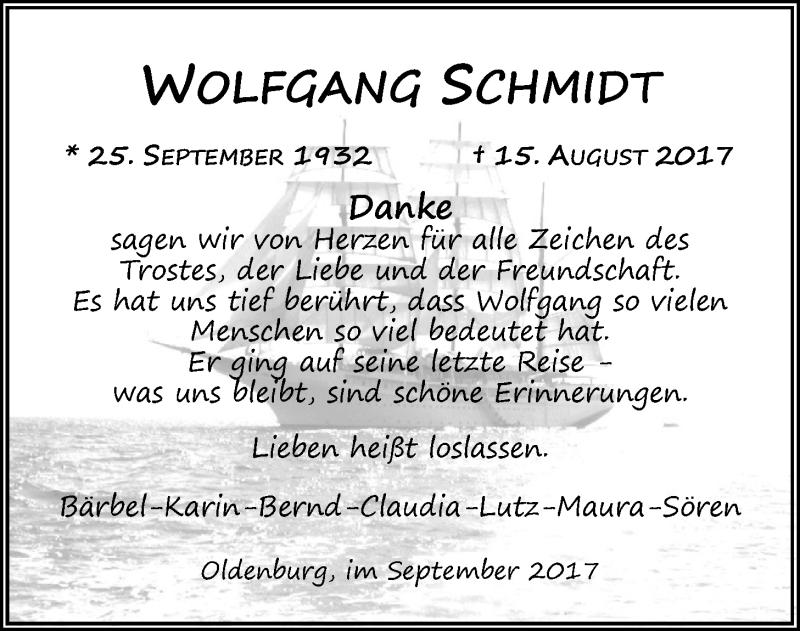  Traueranzeige für Wolfgang Schmidt vom 30.09.2017 aus Nordwest-Zeitung