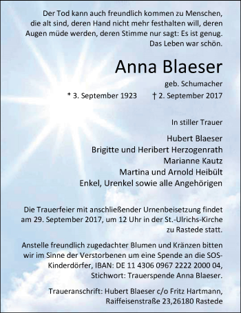 Traueranzeige von Anna Blaeser von Nordwest-Zeitung