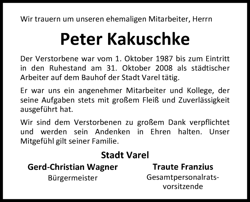  Traueranzeige für Peter Kakuschke vom 06.09.2017 aus Nordwest-Zeitung