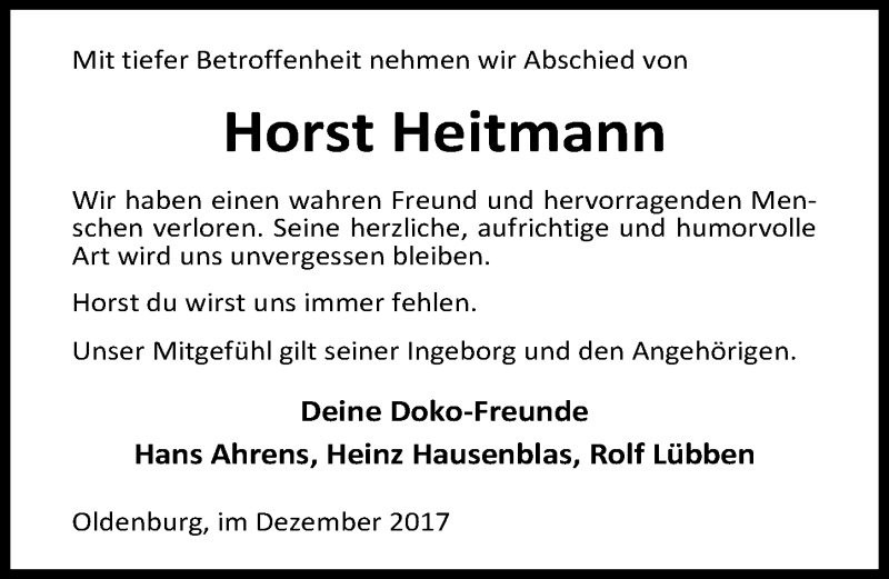  Traueranzeige für Horst Heitmann vom 30.12.2017 aus Nordwest-Zeitung
