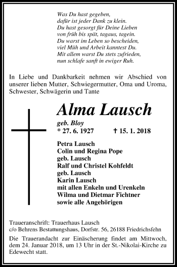 Traueranzeige von Alma Lausch von Nordwest-Zeitung