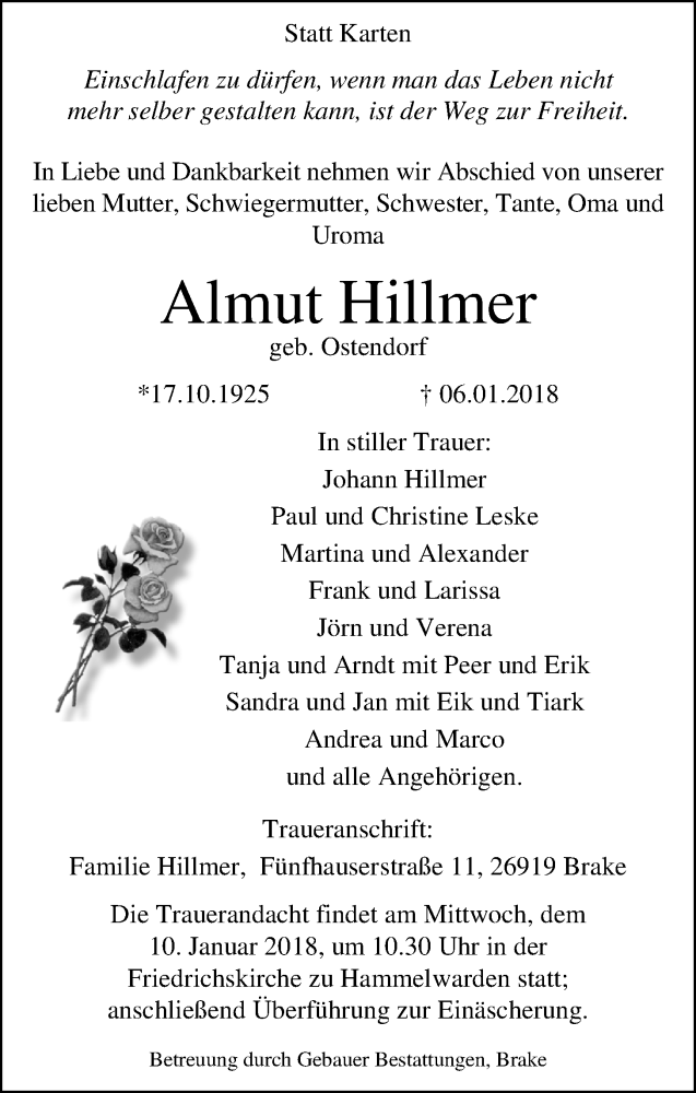  Traueranzeige für Almut Hillmer vom 08.01.2018 aus Nordwest-Zeitung