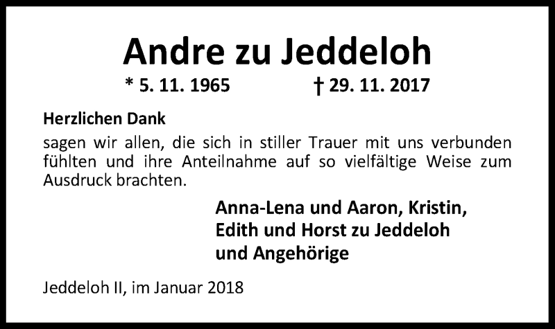  Traueranzeige für Andre  zu Jeddeloh vom 31.01.2018 aus Nordwest-Zeitung