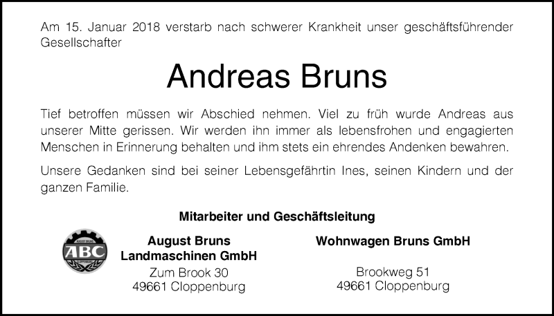  Traueranzeige für Andreas Bruns vom 18.01.2018 aus Nordwest-Zeitung