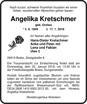 Traueranzeige von Angelika  Kretschmer von Nordwest-Zeitung