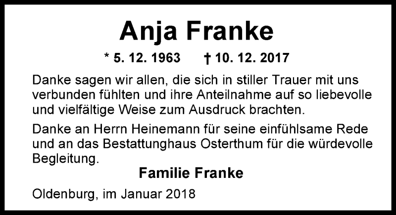  Traueranzeige für Anja Franke vom 20.01.2018 aus Nordwest-Zeitung