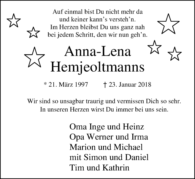  Traueranzeige für Anna-Lena Hemjeoltmanns vom 25.01.2018 aus Nordwest-Zeitung