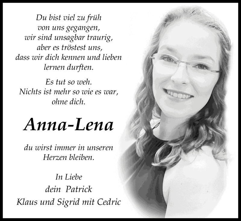  Traueranzeige für Anna-Lena Hemjeoltmanns vom 25.01.2018 aus Nordwest-Zeitung