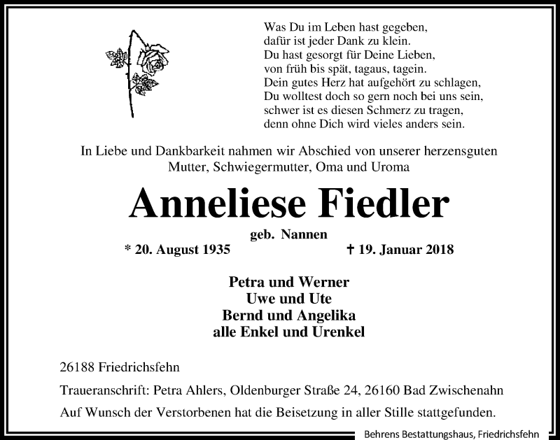  Traueranzeige für Anneliese Fiedler vom 27.01.2018 aus Nordwest-Zeitung