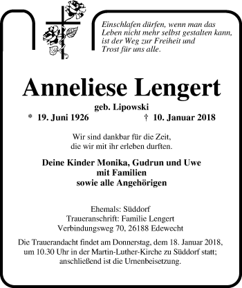 Traueranzeige von Anneliese Lengert von Nordwest-Zeitung
