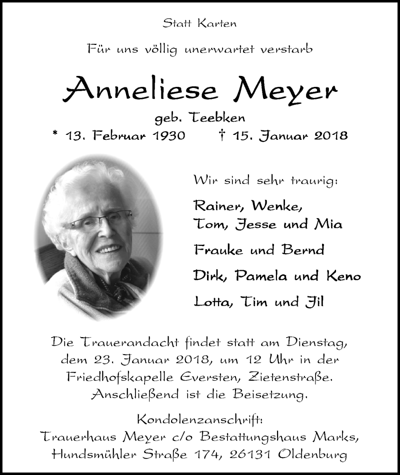  Traueranzeige für Anneliese Meyer vom 17.01.2018 aus Nordwest-Zeitung
