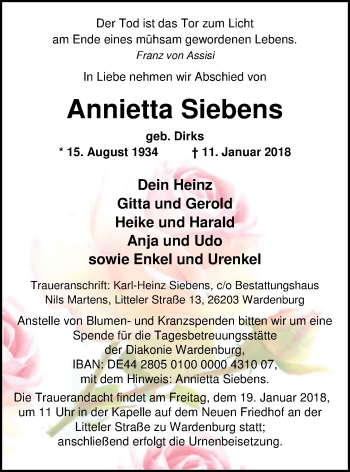 Traueranzeige von Annietta Siebens von Nordwest-Zeitung