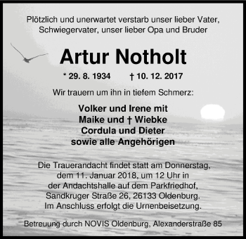 Traueranzeige von Artur Notholt von Nordwest-Zeitung