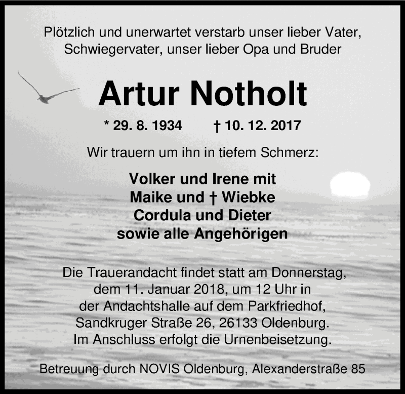  Traueranzeige für Artur Notholt vom 06.01.2018 aus Nordwest-Zeitung