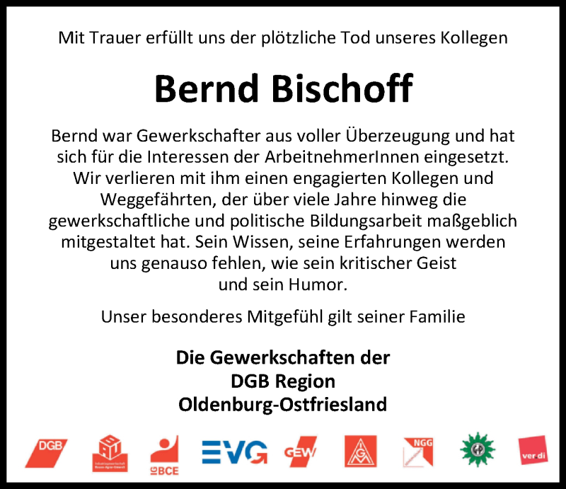  Traueranzeige für Bernd Bischoff vom 03.01.2018 aus Nordwest-Zeitung