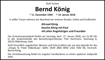 Traueranzeige von Bernd König von Nordwest-Zeitung