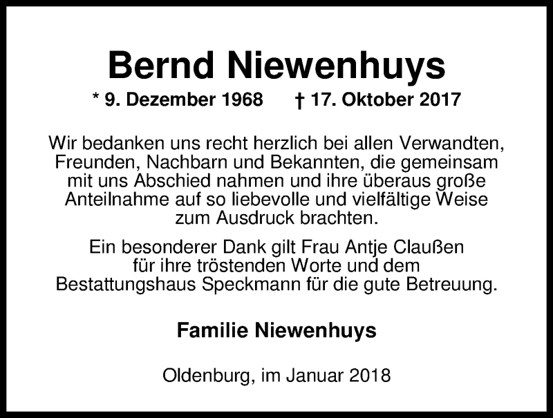  Traueranzeige für Bernd Niewenhuys vom 13.01.2018 aus Nordwest-Zeitung