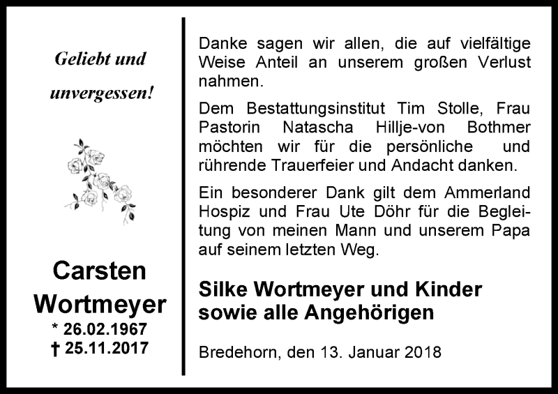  Traueranzeige für Carsten Wortmeyer vom 13.01.2018 aus Nordwest-Zeitung
