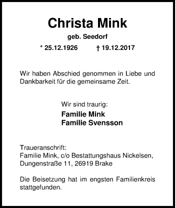 Traueranzeige von Christa Mink von Nordwest-Zeitung