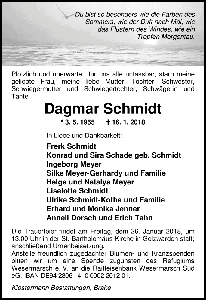  Traueranzeige für Dagmar Schmidt vom 20.01.2018 aus Nordwest-Zeitung