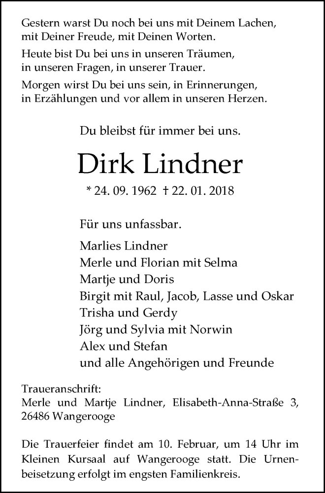  Traueranzeige für Dirk Lindner vom 27.01.2018 aus Nordwest-Zeitung