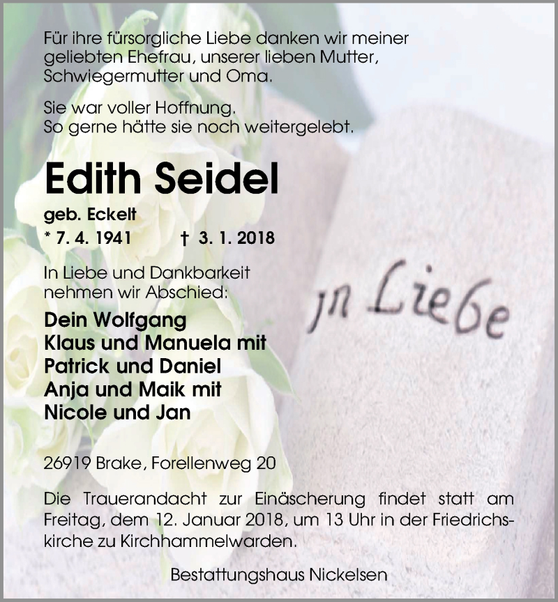  Traueranzeige für Edith Seidel vom 06.01.2018 aus Nordwest-Zeitung