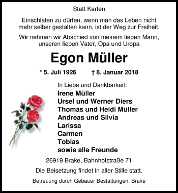 Traueranzeige von Egon Müller von Nordwest-Zeitung