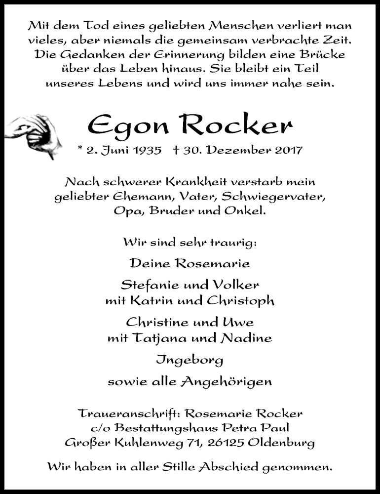  Traueranzeige für Egon Rocker vom 06.01.2018 aus Nordwest-Zeitung