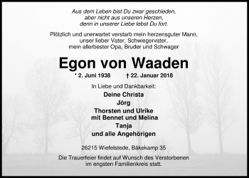 Traueranzeige von Egon von Waaden von Nordwest-Zeitung
