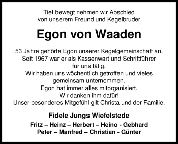 Traueranzeige von Egon von Waaden von Nordwest-Zeitung
