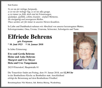 Traueranzeige von Elfriede Behrens von Nordwest-Zeitung
