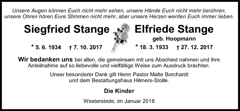  Traueranzeige für Elfriede Stange vom 27.01.2018 aus Nordwest-Zeitung