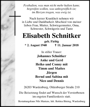 Traueranzeige von Elisabeth Schnitker von Nordwest-Zeitung