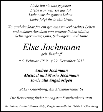 Traueranzeige von Else Jochmann von Nordwest-Zeitung