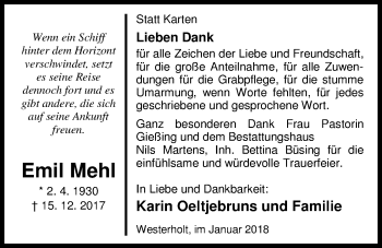 Traueranzeige von Emil Mehl von Nordwest-Zeitung