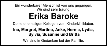 Traueranzeige von Erika Baroke von Nordwest-Zeitung
