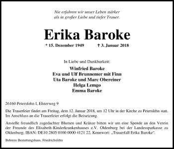 Traueranzeige von Erika Baroke von Nordwest-Zeitung