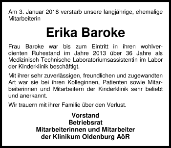 Traueranzeige von Erika Baroke von Nordwest-Zeitung