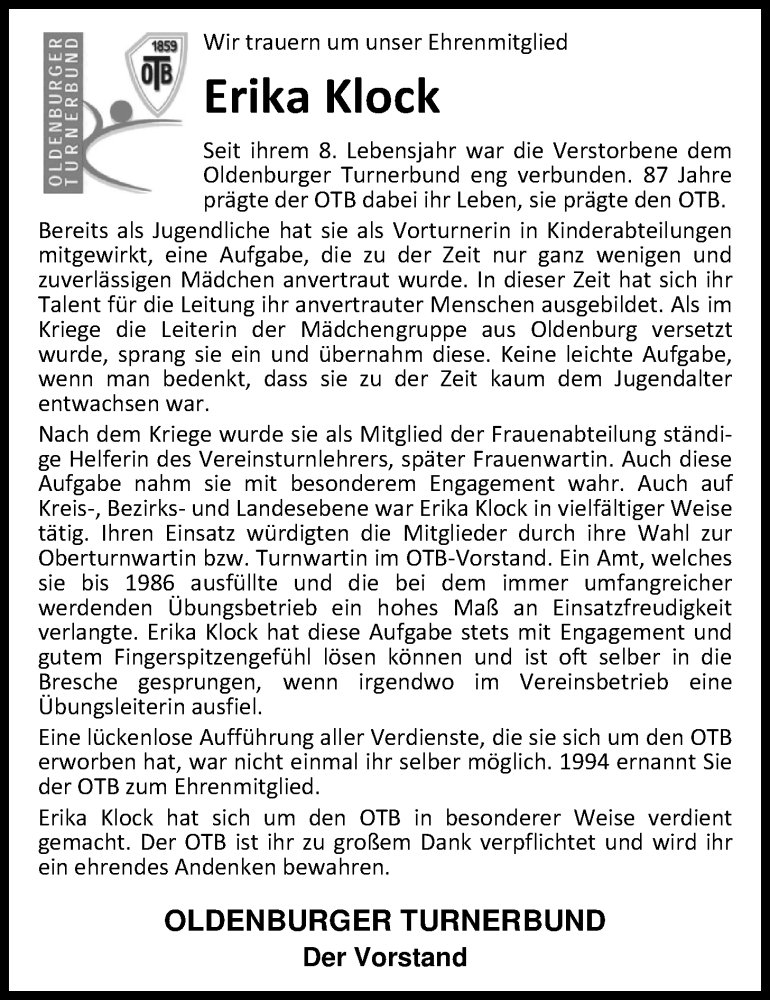  Traueranzeige für Erika Klock vom 06.01.2018 aus Nordwest-Zeitung