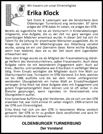 Traueranzeige von Erika Klock von Nordwest-Zeitung