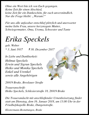 Traueranzeige von Erika Speckels von Nordwest-Zeitung