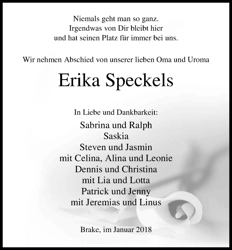  Traueranzeige für Erika Speckels vom 11.01.2018 aus Nordwest-Zeitung